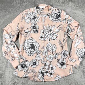 Calvin Klein Floral Button Front Blouse Womens M Pink Black White Crepe